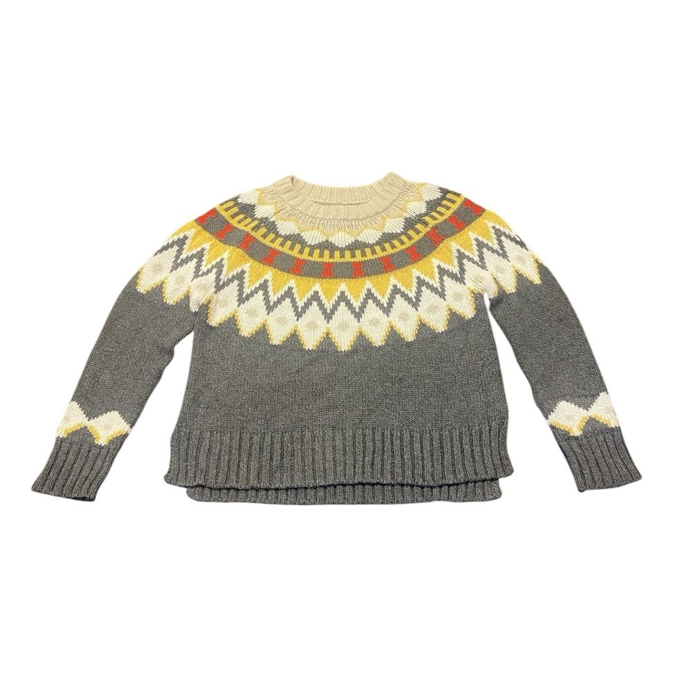 AERIE Fair Isle Pullover Sweater Nordic Cozy‎ Soft Gray Yellow Women's S